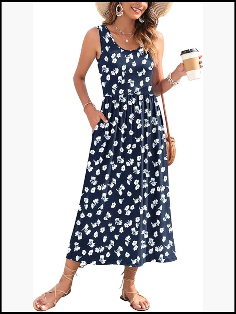 Polyester Spandex Maxi Dress Sleeveless Casual Beach Sundress With Pockets